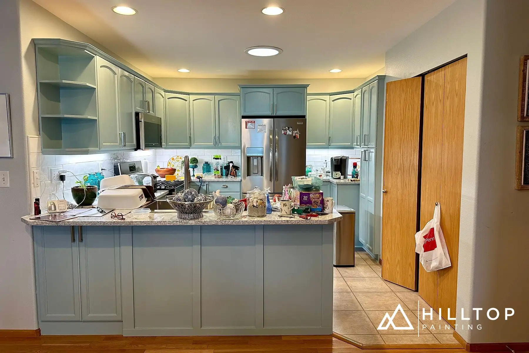 Golden Oak to Blue-Green Cabinets